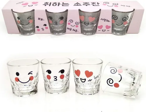 Vista 2 de LENITH ] Juego de vasos de chupito coreanos Soju, 1.7 onzas, vidrio transparente con carácter, vidrio en forma de corazón para whisky, tequila