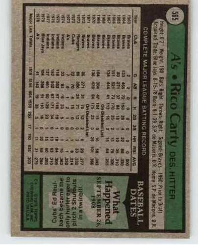 Vista 2 de 1979 Topps (EXMT) #565 Rico Carty Oakland Athletics MLB Béisbol Trading Card