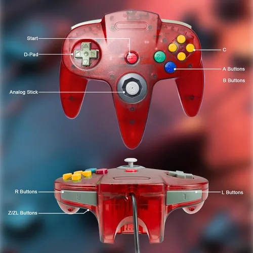 Vista 3 de KIWITATA 2 Pack Classic N64 Controller, Retro N64 Wired Remote Joystick Replacement Gamepad Controller for N64 System Video Games Console Clear Red