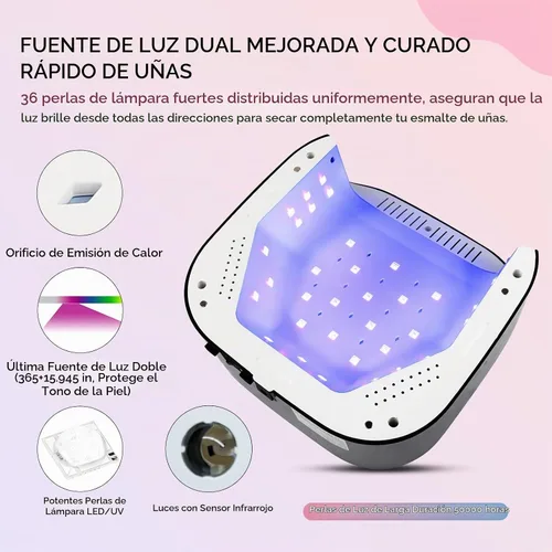 Vista 3 de Lámpara de uñas UV LED Lavinda, luz UV de 54W para esmalte de gel acrílico, lámpara de gel profesional con sensor automático, secador de uñas