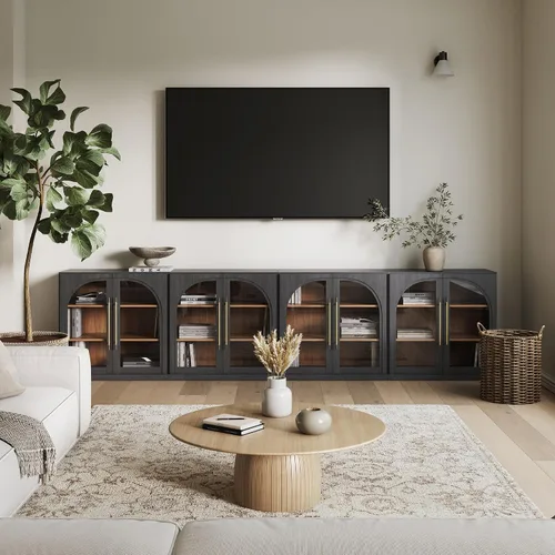 Vista 30 de BELLEZE Centro de entretenimiento modular de 4 piezas con almacenamiento, 2 vitrinas de madera moderna con gabinete arqueado y 2 armarios de puerta