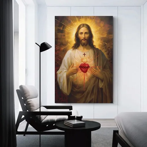 Vista 4 de Reccmeny Lienzo religioso del Sagrado Corazón de Jesús, cuadro de Cristo, arte de pared, pintura de Dios cristiano, foto para decoración de la sala