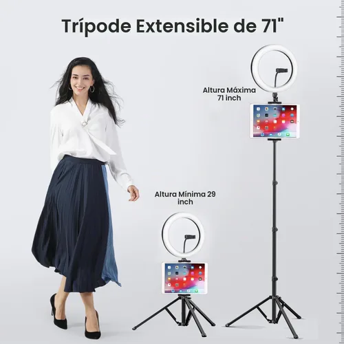 Vista 3 de Elitehood Anillo de luz de 12 pulgadas con soporte de trípode (72 pulgadas de alto) y soporte para iPad/teléfono, luces LED de círculo para selfie