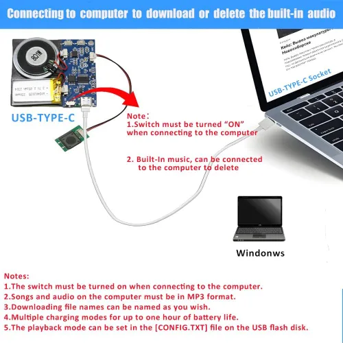 Vista 3 de Módulo XLW - Módulo de sonido activado por botón de 16MB con altavoz, cable tipo C y capacidad de grabación fácil de 16 minutos para saludos