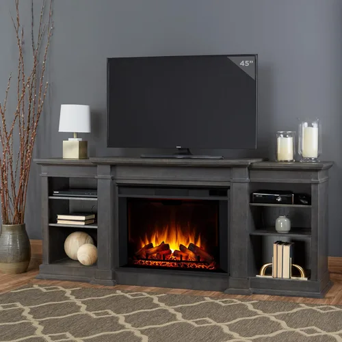 Vista 2 de Eliot - Soporte para TV con chimenea eléctrica de 81 pulgadas, color gris antiguo Real Flame
