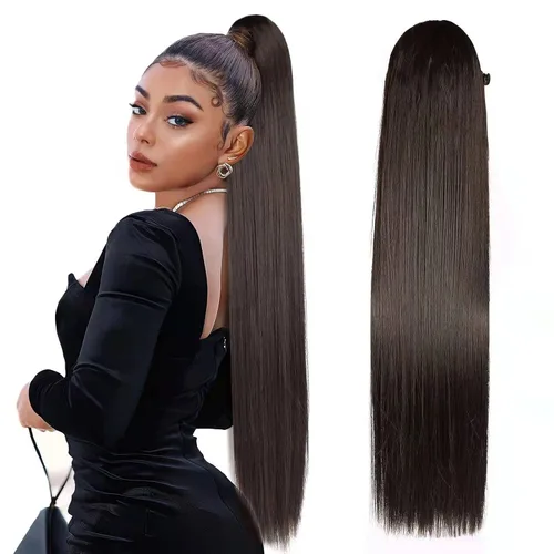 Vista 11 de Extensión de cabello rizado de 32 pulgadas de largo, cola de caballo sintética con clip instantáneo, resistente al calor, marrón oscuro (#2), 6.70
