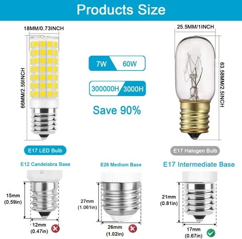 Vista 2 de Bombilla LED E17 Regulable, Bombilla de 7W para Microondas y Estufa, 120V 60W Equivalente a Incandescente, Blanco Cálido 3000K, Compatible