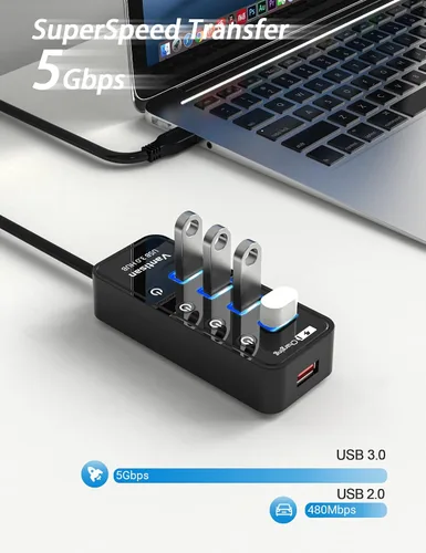 Vista 2 de vantisan Concentrador USB 3.0 alimentado, extensión USB de 4 puertos USB Hub Splitter (4 puertos de datos USB 3.0 + 1 puerto de carga inteligente)