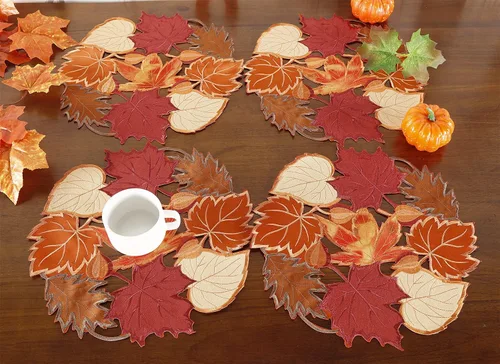 Vista 5 de Juego de 4 manteles individuales de otoño de 14 pulgadas con apliques bordados de hojas de arce bordadas para el hogar, cena, vacaciones, cosecha