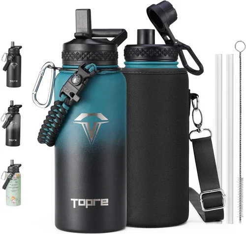 Vista 35 de Topre Botella de agua aislada de 32 onzas, botella de agua al vacío de acero inoxidable, sin BPA y a prueba de fugas - con asa de paracord, correa