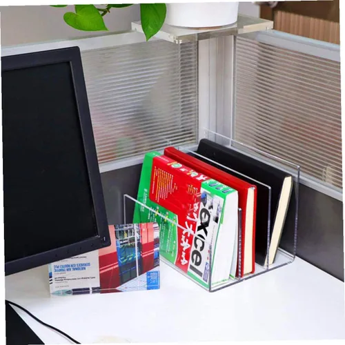 Vista 4 de Organizador de archivos de acrílico transparente, soporte de escritorio con múltiples compartimentos para libros, documentos, oficina en casa