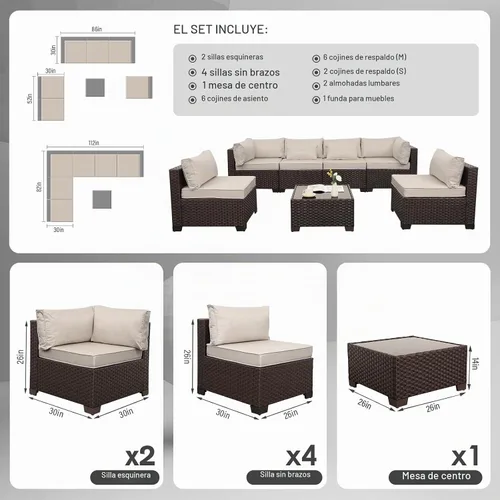 Vista 3 de WAROOM Juego de muebles de patio al aire libre, 7 piezas, sofá seccional de mimbre, sofá de conversación de ratán marrón con mesa auxiliar, cojín