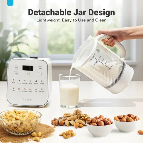 Vista 13 de Máquina para fabricar leche de nuez de 50.73oz: Máquina automática de leche de soja 12 en 1 con diseño desmontable, jugo casero, almendras, leches