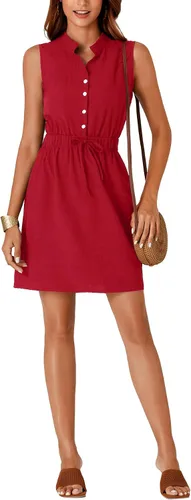Vista 6 de LYANER Minivestido de trabajo con cuello en V para mujer, sin mangas, con botones en la parte delantera y cordón