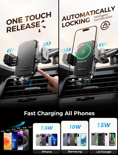 Vista 4 de Cargador inalámbrico de coche con soporte para teléfono, soporte de teléfono de carga rápida de 15 W, soporte de teléfono con abrazadera automática
