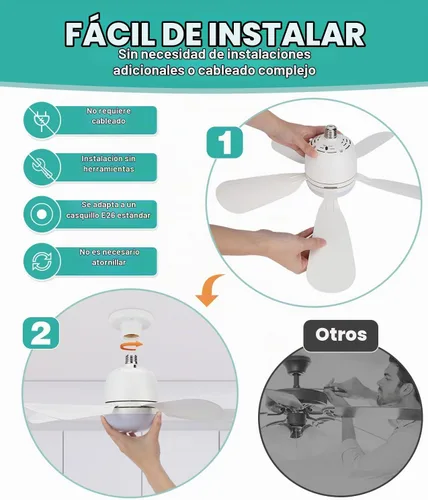 Vista 6 de HK Ventilador de techo pequeño con luz y control remoto, rosca de 20 pulgadas para base E26/E27, mini regulable de 5 velocidades para dormitorio