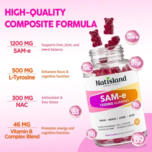 Vista 4 de SAM-e con gomitas de L-tirosina, complejo B metilado y NAC, suplemento SAM e de 1200 mg, folato de metilo y B12, para alivio del estrés y apoyo