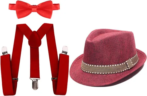 Vista 2 de Disfraz de los años 20 para niños, sombrero de gángster de Fedora, espalda en Y, tirantes y pajarita, boda, fiesta de cumpleaños, Halloween, cosplay