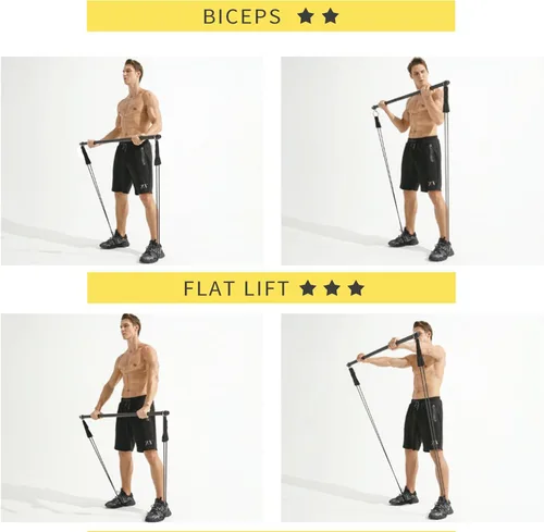 Vista 6 de Barra de banda de resistencia, barra de pilates portátil con bandas de resistencia, entrenamiento de gimnasio en casa, sentadillas, yoga, pilates