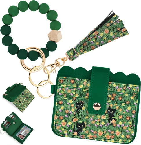 Vista 22 de Cartera de pulsera para mujer con llavero – Tarjetero RFID pequeña cartera con llavero Beige