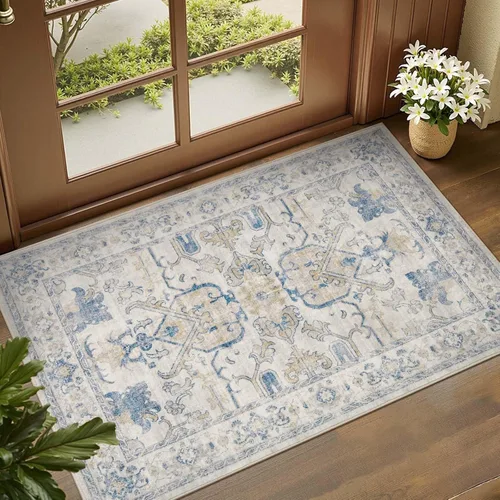 Vista 323 de jinchan Lima - Alfombra simétrica floral geométrica lavable, alfombra de entrada de medio círculo de 2 x 3, alfombra de media luna, suave y Azul