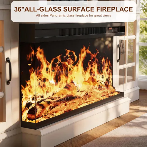Vista 4 de MXV Soporte de TV con chimenea de 70 pulgadas, chimenea de vidrio de 3 lados y centro de entretenimiento moderno, consola multimedia de madera