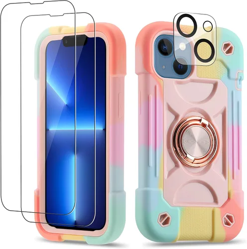 Vista 107 de Funda para iPhone 11 de 6.1 pulgadas con soporte de anillo, con 2 protectores de pantalla de vidrio, resistente a los golpes, resistente a