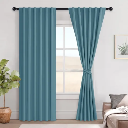 Vista 37 de Hiasan Cortinas opacas negras para dormitorio, cortinas opacas cortas de 45 pulgadas de largo, con aislamiento térmico, bolsillo para barra