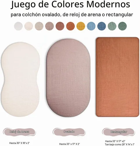Vista 3 de Sábanas de cuna para bebé niño y niña, paquete de 2, sábanas ajustadas para colchón de cuna rectangular, ovalado, de reloj de arena, sábanas
