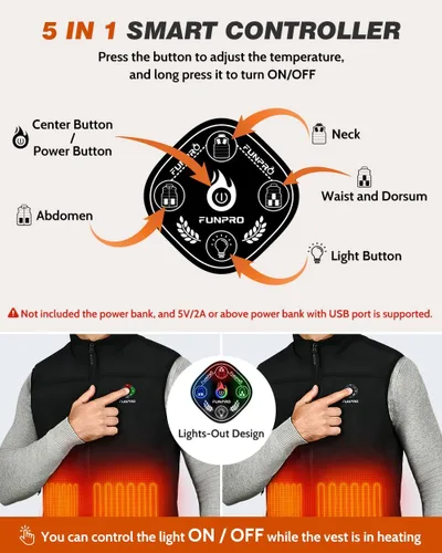 Vista 3 de FUNPRO Chaleco térmico para hombres y mujeres, chaleco de calefacción eléctrica resistente al viento, chaqueta deportiva sin mangas Softshell