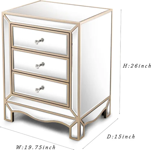 Vista 2 de SSLine Elegante cómoda de 3 cajones con espejo con mango de cristal, moderna mesita de noche color champán para dormitorio, cajón de almacenamiento