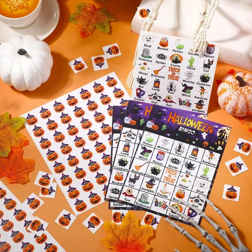 Vista 4 de Shappy Juego de bingo de Halloween para adultos y niños, 32 jugadores, juego de bingo de Halloween, espeluznante tema de calabaza fantasma