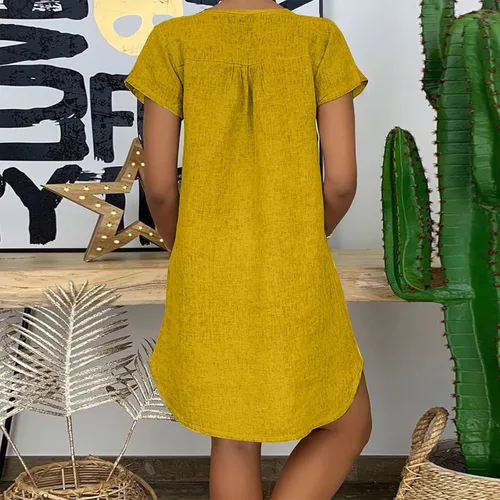 Vista 3 de ONGJWU Vestidos de verano para mujer, estampado de diente de león, manga corta, cuello en V, suelto, de algodón, lino, vestidos de otoño
