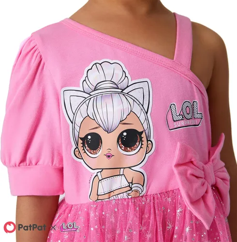 Vista 5 de L.O.L. Surprise! Vestido escalonado para niñas, estampado de figura en capas, un hombro, vestido casual fluido, talla 6-12