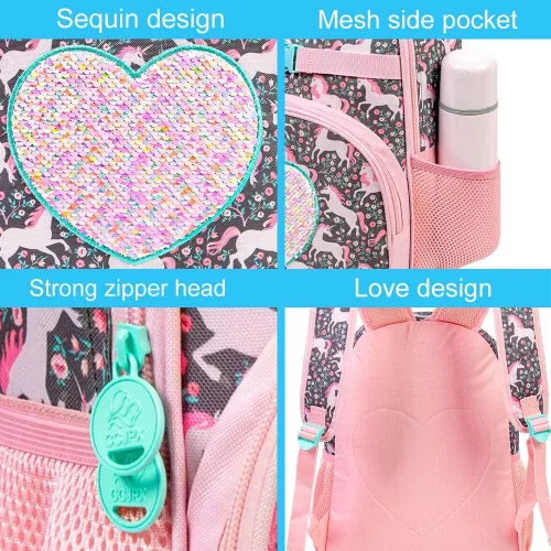 Vista 5 de TXHVO Mochila de 3 piezas para niños y niñas, 16 pulgadas para jardín de infantes con lonchera, lindas mochilas elementales para niños y niñas