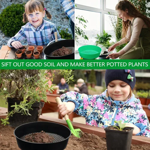 Vista 6 de Paquete de 4 tamices de compost para tierra de jardín, tamiz redondo de plástico para arena, juego de bandejas tamizadoras para jardinería y trabajo