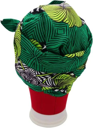 Vista 2 de Shop Asali's Satin Lined Bonnet Head Wrap - Kitenge/Ankara - Green, Lime Green, and White