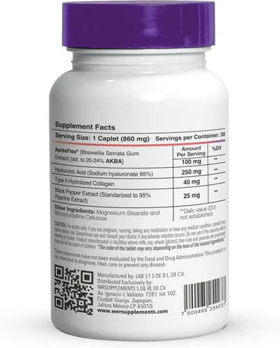 Vista 2 de Boswellia Serrata AprèsFlex® Advanced Joint Support - BSW-51 con ácido hialurónico, colágeno tipo II y piperina - 30 cápsulas, 860 mg cada una