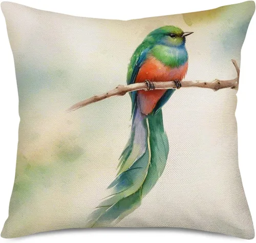 Vista 2 de Juego de 4 fundas de almohada con diseño de colibríes de acuarela, Quetzal resplandeciente de pájaros verdes de naturaleza, fundas de cojín
