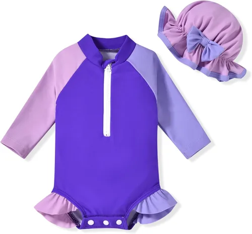 Vista 37 de Aalizzwell Traje de baño de una pieza de manga larga con sombrero para bebé niña