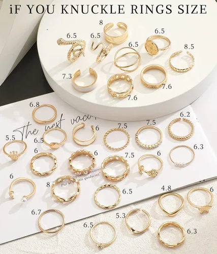 Vista 6 de Juego de 30 anillos de nudillos dorados vintage bohemios de serpientes mariposa apilables para mujeres y niñas anillos midi plateados