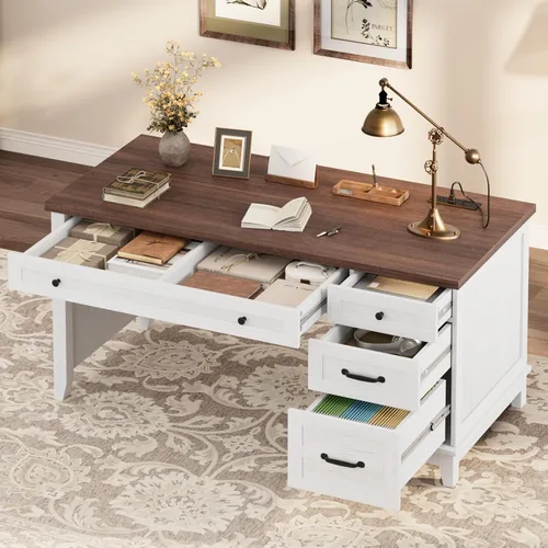 Vista 11 de CABIHOME Escritorio de oficina de granja con estación de carga y cajón de archivos, escritorio de madera para computadora de 53.5 pulgadas