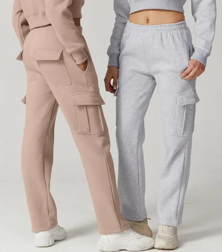 Vista 5 de QINSEN Pantalones deportivos holgados de cintura media para mujer, pantalones largos de forro polar con bolsillos