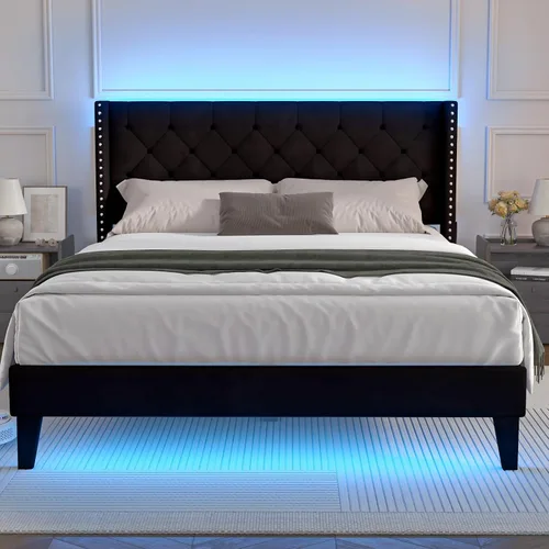 Vista 9 de Lihimte Marco de cama tamaño matrimonial con luces LED, base de cama plataforma tapizada en terciopelo con cabecero y estribo abotonado, soporte