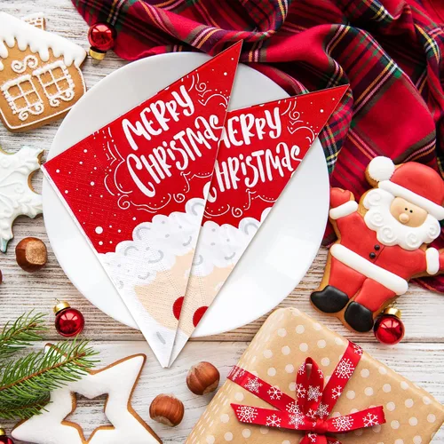 Vista 4 de Whaline Paquete de 100 servilletas de papel con diseño de Papá Noel, servilletas desechables rojas y blancas para el almuerzo, servilletas