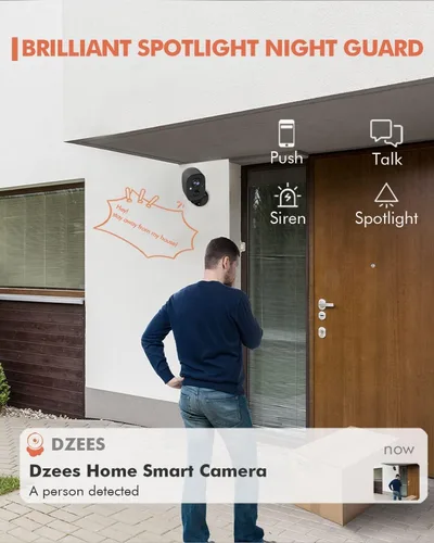 Vista 4 de Dzees Cámara de seguridad inalámbrica para exteriores - Actualización 2K 3MP batería WiFi cámara exterior inalámbrica, foco, sirena, detección
