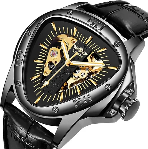 Vista 8 de Tiong BOSNI Moda Automático Mecánico Hombres Reloj Triángulo Racing Dial Esqueleto Dorado Dial 996 Negro Oro