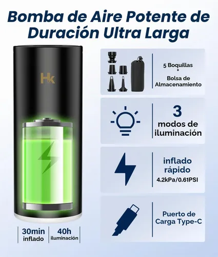 Vista 2 de HK Bomba de aire para inflables, bomba de colchón de aire recargable de 4500 mAh con luz de campamento, mini bomba de aire eléctrica para inflar