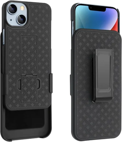 Vista 4 de Fingic Compatible con iPhone 14, iPhone 13 Funda con clip para cinturón, carcasa delgada combinada con soporte giratorio para cinturón, funda