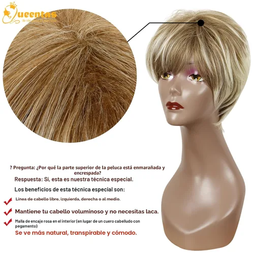 Vista 4 de QUEENTAS Pixie - Pelucas rubias cortas en capas para mujeres blancas y negras, cabello sintético (rubio mezclado con marrón)